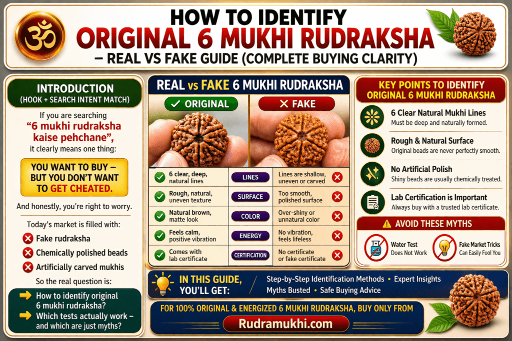 how to identify original 6 mukhi rudraksha real vs fake guide natural lines surface certification infographic