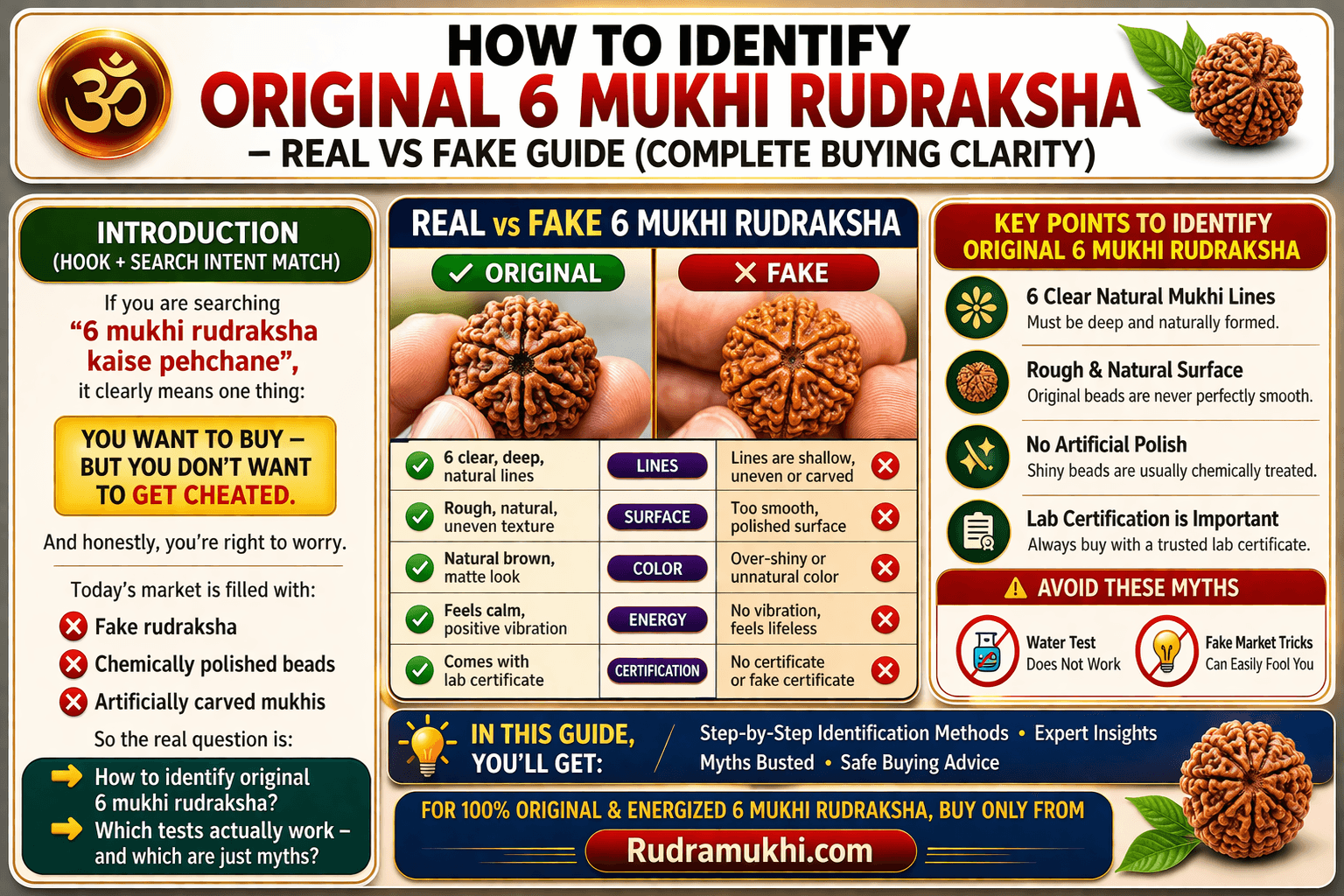 how to identify original 6 mukhi rudraksha real vs fake guide natural lines surface certification infographic