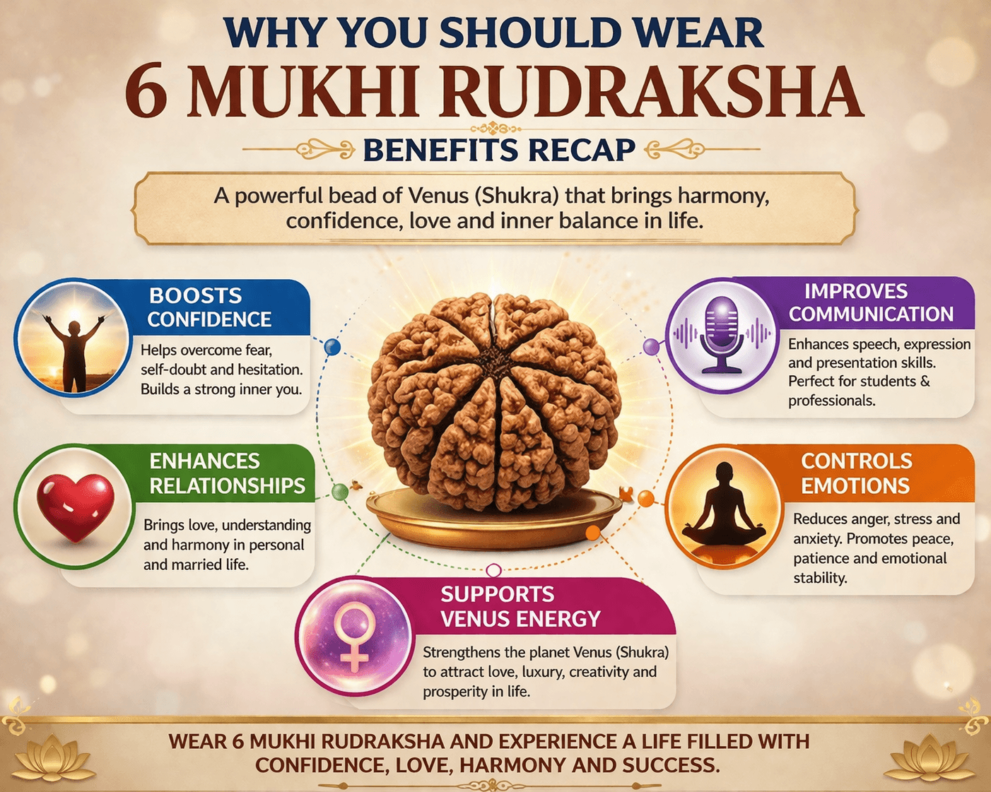 why you should wear 6 mukhi rudraksha benefits confidence communication relationship emotional balance venus energy infographic